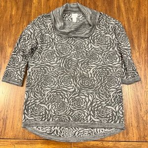 Chico’s Cowl Neck Knit Sweater- Floral Print- Grey w/ light grey shimmer- Size 1